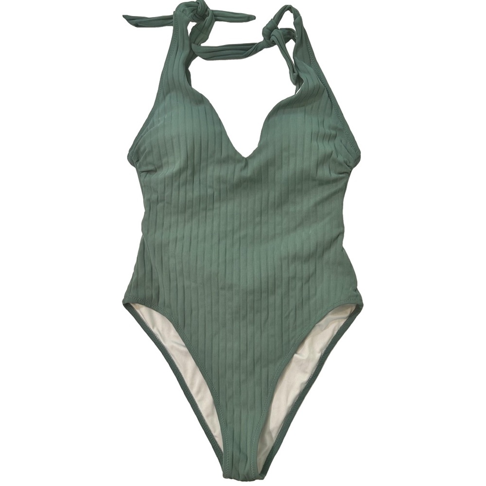 Shade & Shore‎ Green Ribbed Cutout One Piece Swimsuit Small fully lined